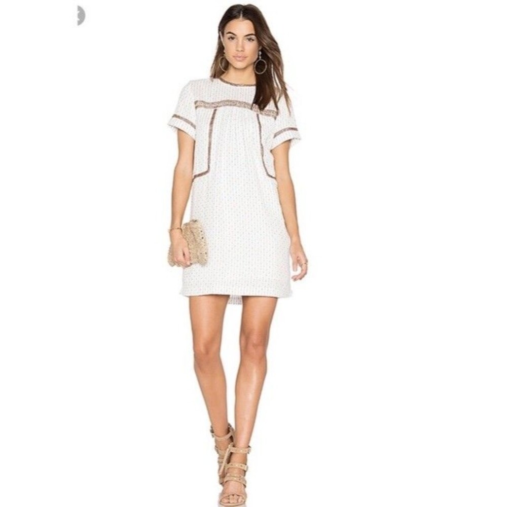 Michael Stars Dress White Striped Beaded Trim Boho Peasant Dress Sz S Festival